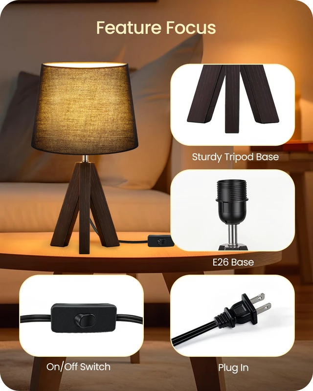 Alt view image 6 of 7 - Small Table Lamp for Bedroom, 14.6" Bedside Lamp with Black Linen Shade & Walnut Wood Tripod Base, Modern Nightstand Lamp, Blak Lamp for Living Room, Nursery, Entryway, E26 Socket, VB51TL05