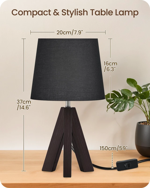 Alt view image 7 of 7 - Small Table Lamp for Bedroom, 14.6" Bedside Lamp with Black Linen Shade & Walnut Wood Tripod Base, Modern Nightstand Lamp, Blak Lamp for Living Room, Nursery, Entryway, E26 Socket, VB51TL05