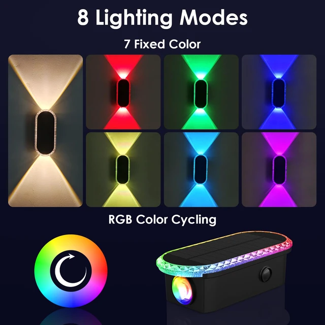 Alt view image 2 of 6 - 8PK Solar Fence Lights - Outdoor Solar Lights, Warm White & RGB, Up & Down Lighting, Waterproof, Easy Installation