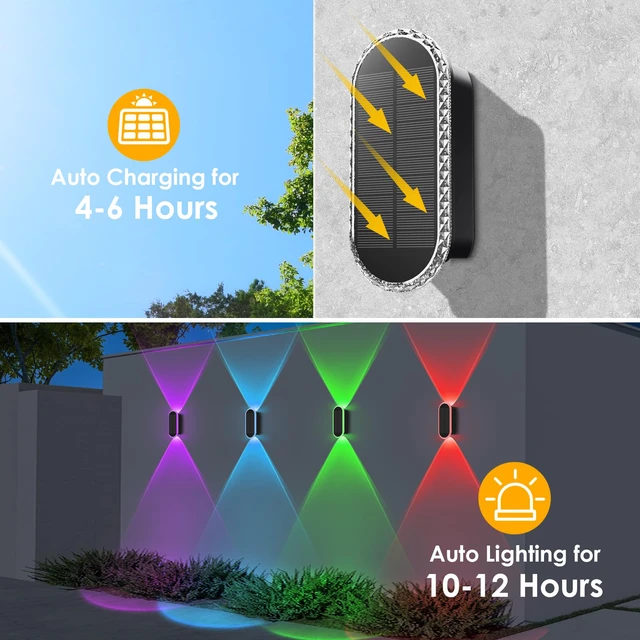 Alt view image 3 of 6 - 8PK Solar Fence Lights - Outdoor Solar Lights, Warm White & RGB, Up & Down Lighting, Waterproof, Easy Installation