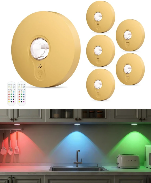 Main image of RGB Rechargeable Puck Lights with Remote Control, 1500mAh Battery Operated Tap Lights, Dimmer & Timer Under Cabinet, Wireless LED Stick-On for Closet, Bedroom, Kitchen - Gold 6Pcs