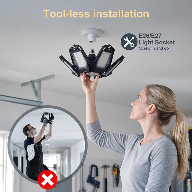 Alt view image 4 of 6 - 2 Pack LED Garage Lights, Deformable Ceiling Light, 30000LM 6500K E26/E27 Screw-in Garage Light Bulb with 6+1 Adjustable Panels for Garages, Basements, Workshops, and Storage Areas