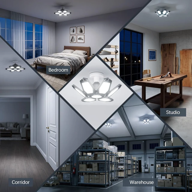 Alt view image 5 of 6 - 2 Pack LED Garage Lights, Deformable Ceiling Light, 30000LM 6500K E26/E27 Screw-in Garage Light Bulb with 6+1 Adjustable Panels for Garages, Basements, Workshops, and Storage Areas