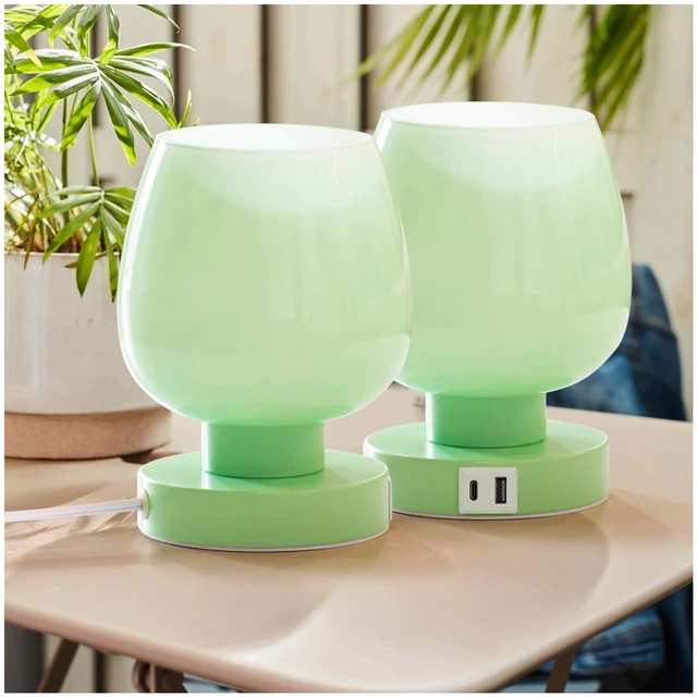 Main image of Touch Bedside Table Lamp with USB Charging - 3 Way Dimmable Small Glass Lamp for Bedroom, 2700K LED Bulb Included, Green, 2 Packs