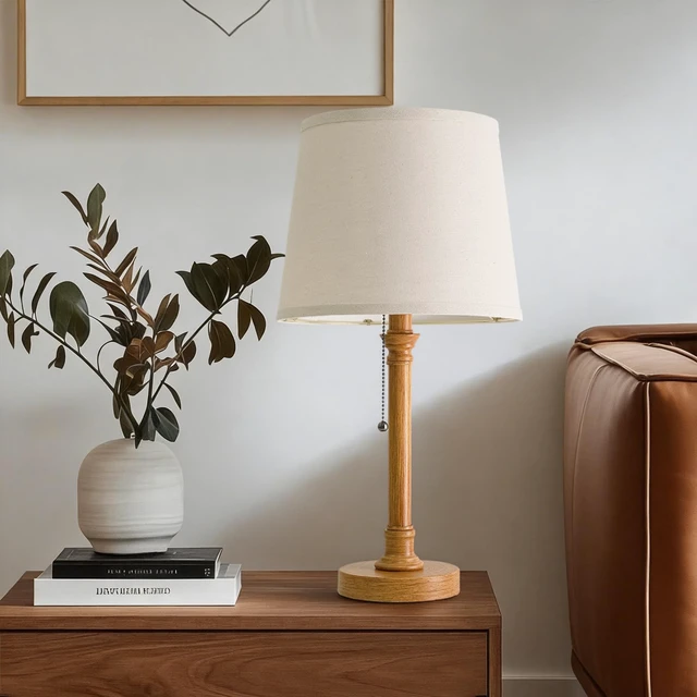 Alt view image 2 of 7 - 19.5" Wood Grain Rustic Table Lamps Set of 2 for Living Room Bedroom Pull Chain Switch Bedside Table Lamps, White Linen Shade, Small Desk Lamp for Living Room, Bedroom, Home Office, Nursery