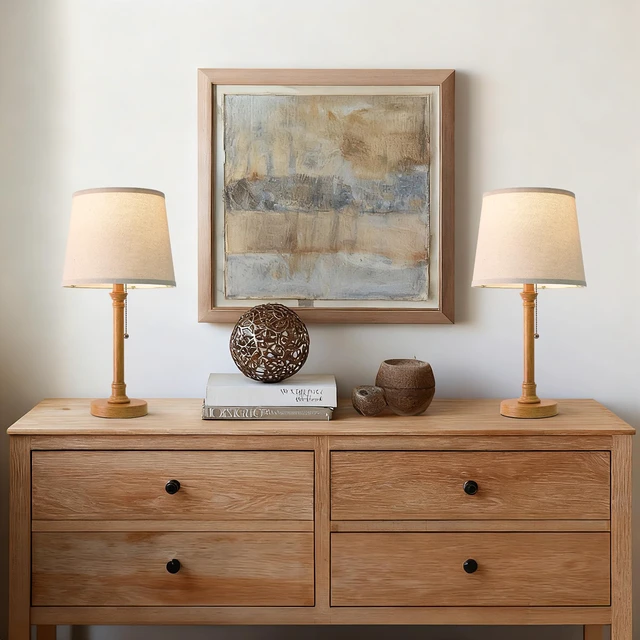 Alt view image 3 of 7 - 19.5" Wood Grain Rustic Table Lamps Set of 2 for Living Room Bedroom Pull Chain Switch Bedside Table Lamps, White Linen Shade, Small Desk Lamp for Living Room, Bedroom, Home Office, Nursery