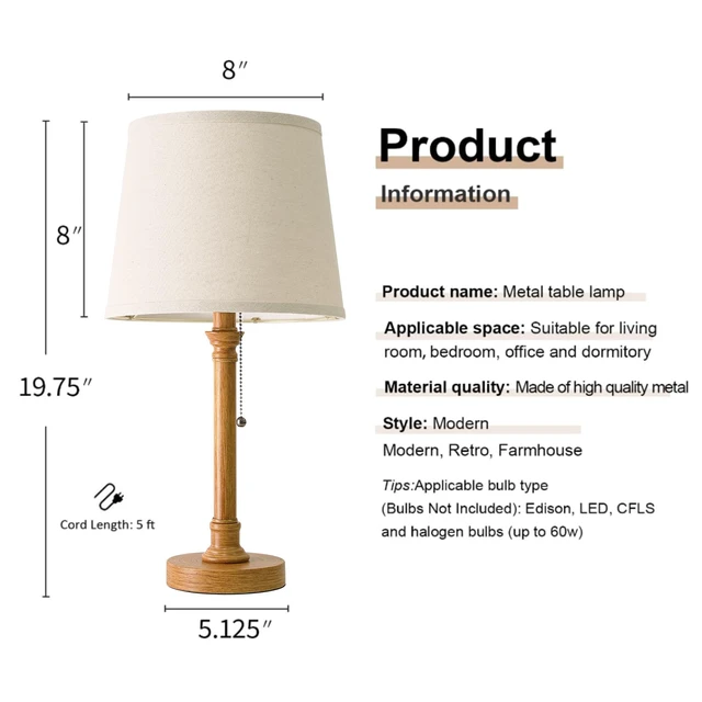 Alt view image 4 of 7 - 19.5" Wood Grain Rustic Table Lamps Set of 2 for Living Room Bedroom Pull Chain Switch Bedside Table Lamps, White Linen Shade, Small Desk Lamp for Living Room, Bedroom, Home Office, Nursery