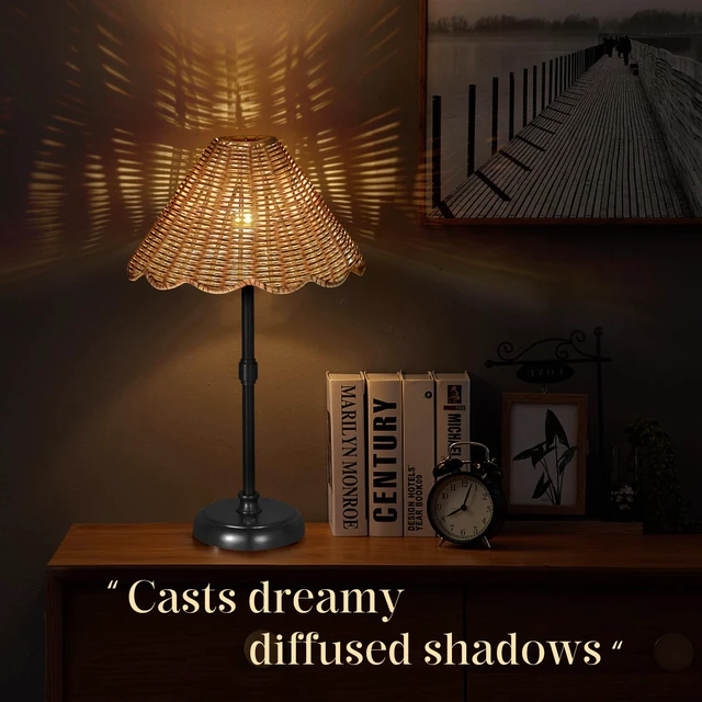 Alt view image 2 of 7 - Cordless Boho Rattan Table Lamp Black, 5200-mAh Rechargeable Battery, 3-Level Brightness Dimmable, Build-in Integrated LED 320 Lumen Max, Rattan Shade, for Bedside Restaurant Dining Table