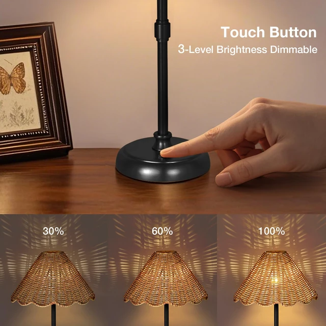 Alt view image 4 of 7 - Cordless Boho Rattan Table Lamp Black, 5200-mAh Rechargeable Battery, 3-Level Brightness Dimmable, Build-in Integrated LED 320 Lumen Max, Rattan Shade, for Bedside Restaurant Dining Table