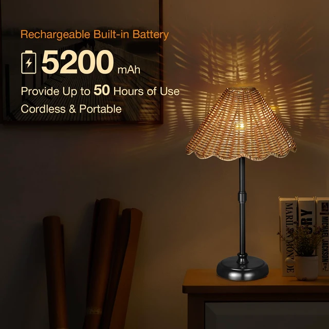 Alt view image 5 of 7 - Cordless Boho Rattan Table Lamp Black, 5200-mAh Rechargeable Battery, 3-Level Brightness Dimmable, Build-in Integrated LED 320 Lumen Max, Rattan Shade, for Bedside Restaurant Dining Table