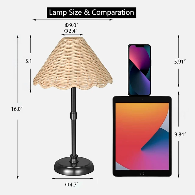Alt view image 7 of 7 - Cordless Boho Rattan Table Lamp Black, 5200-mAh Rechargeable Battery, 3-Level Brightness Dimmable, Build-in Integrated LED 320 Lumen Max, Rattan Shade, for Bedside Restaurant Dining Table