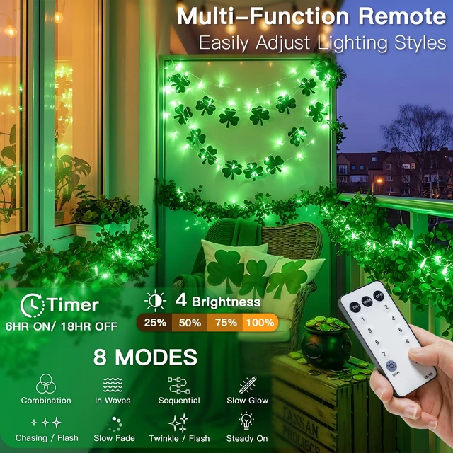 Alt view image 2 of 7 - Connectable Green Chirstmas Lights Outdoor with Remote, 66ft 200 LED String Lights Plug in Waterproof, Dimmable Clear Wire Fairy Lights for Xmas Tree,Halloween,Garden,Porch,Party,Dorm Decor