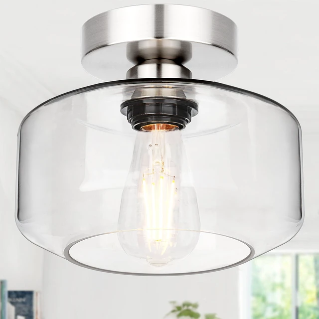 Main image of Industrial Semi Flush Mount Ceiling Light Brushed Nickel, Clear Glass Shade Ceiling Light Fixture, Farmhouse Light Fixture for Hallway Corridor Kitchen Bathroom Bedroom Foyer