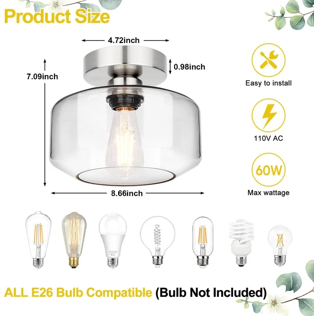 Alt view image 7 of 7 - Industrial Semi Flush Mount Ceiling Light Brushed Nickel, Clear Glass Shade Ceiling Light Fixture, Farmhouse Light Fixture for Hallway Corridor Kitchen Bathroom Bedroom Foyer