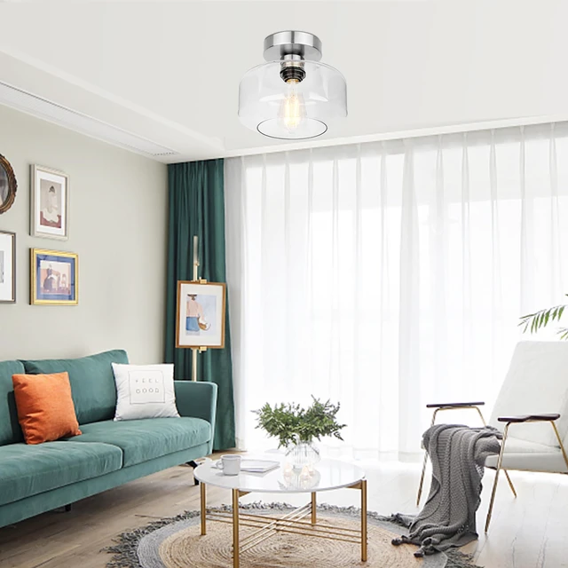 Alt view image 5 of 7 - Industrial Semi Flush Mount Ceiling Light Brushed Nickel, Clear Glass Shade Ceiling Light Fixture, Farmhouse Light Fixture for Hallway Corridor Kitchen Bathroom Bedroom Foyer