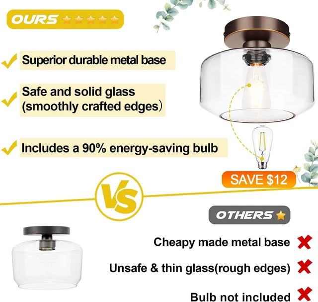 Alt view image 2 of 7 - Industrial Semi Flush Mount Ceiling Light Oil Rubbed Bronze, 800 Lumen LED Bulb Included, Clear Glass Shade Ceiling Light Fixture, Light Fixture for Hallway Bathroom Bedroom, Hanging Light Fixtures