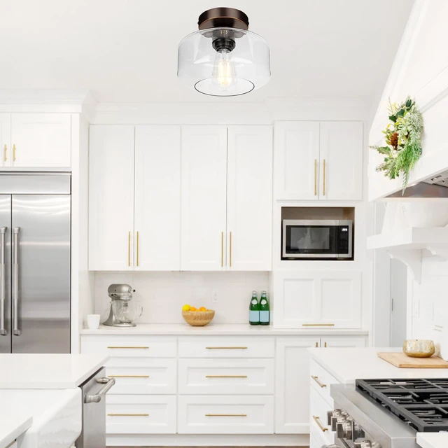 Alt view image 6 of 7 - Industrial Semi Flush Mount Ceiling Light Oil Rubbed Bronze, 800 Lumen LED Bulb Included, Clear Glass Shade Ceiling Light Fixture, Light Fixture for Hallway Bathroom Bedroom, Hanging Light Fixtures