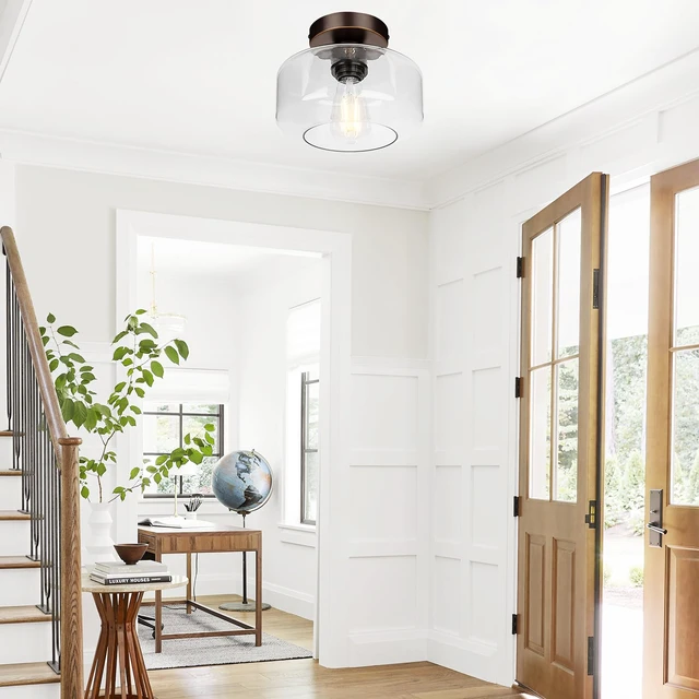 Alt view image 5 of 7 - Industrial Semi Flush Mount Ceiling Light Oil Rubbed Bronze, 800 Lumen LED Bulb Included, Clear Glass Shade Ceiling Light Fixture, Light Fixture for Hallway Bathroom Bedroom, Hanging Light Fixtures
