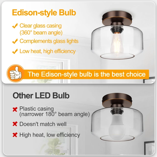 Alt view image 3 of 7 - Industrial Semi Flush Mount Ceiling Light Oil Rubbed Bronze, 800 Lumen LED Bulb Included, Clear Glass Shade Ceiling Light Fixture, Light Fixture for Hallway Bathroom Bedroom, Hanging Light Fixtures