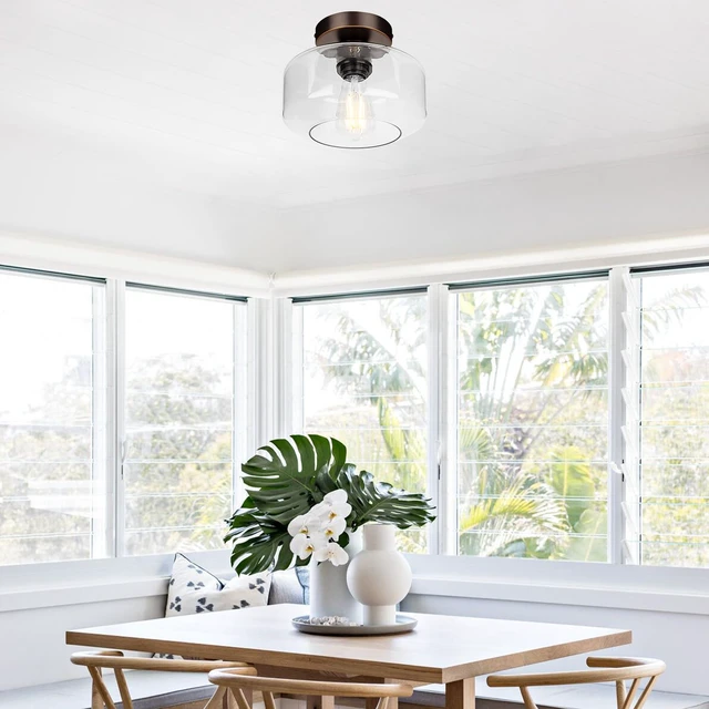 Alt view image 7 of 7 - Industrial Semi Flush Mount Ceiling Light Oil Rubbed Bronze, 800 Lumen LED Bulb Included, Clear Glass Shade Ceiling Light Fixture, Light Fixture for Hallway Bathroom Bedroom, Hanging Light Fixtures