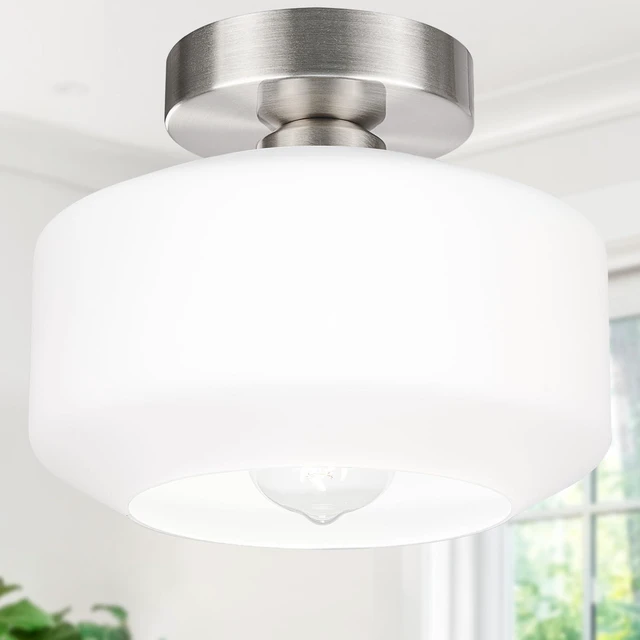 Main image of Industrial Semi Flush Mount Ceiling Light Brushed Nickel, 800 Lumen LED Bulb Included, Milky White Glass Shade Farmhouse Light Fixture for Hallway Kitchen Bathroom, Vintage Hanging Light Fixtures