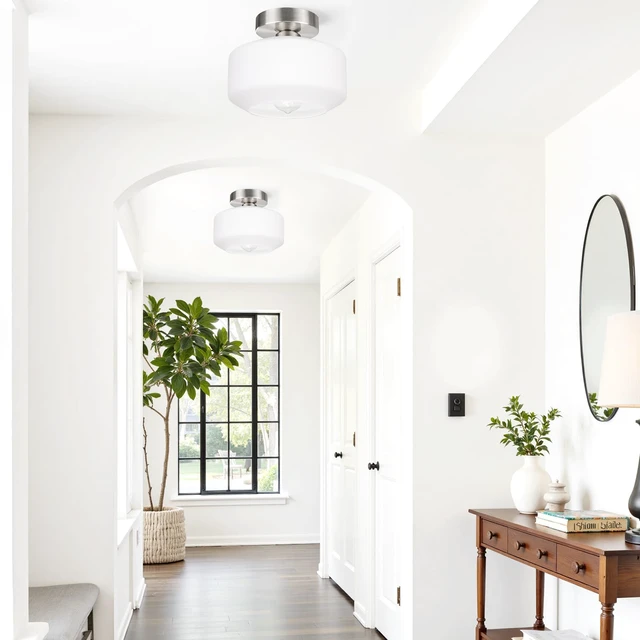Alt view image 5 of 7 - Industrial Semi Flush Mount Ceiling Light Brushed Nickel, 800 Lumen LED Bulb Included, Milky White Glass Shade Farmhouse Light Fixture for Hallway Kitchen Bathroom, Vintage Hanging Light Fixtures