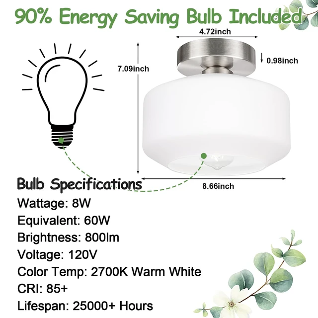 Alt view image 7 of 7 - Industrial Semi Flush Mount Ceiling Light Brushed Nickel, 800 Lumen LED Bulb Included, Milky White Glass Shade Farmhouse Light Fixture for Hallway Kitchen Bathroom, Vintage Hanging Light Fixtures