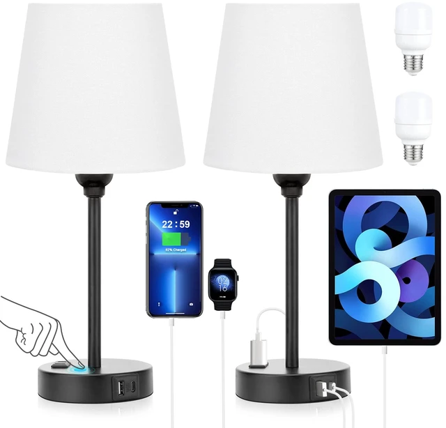 Main image of White Bedside Lamps Set 2 for Bedroom - Dimmable Touch, USB C+A, AC Outlet 14.5" Mini Lamp, 3-Way Dimmable, LED Bulbs Included, White Barrel Fabric Lampshade, Nightstand Light for Guest Room, Kids
