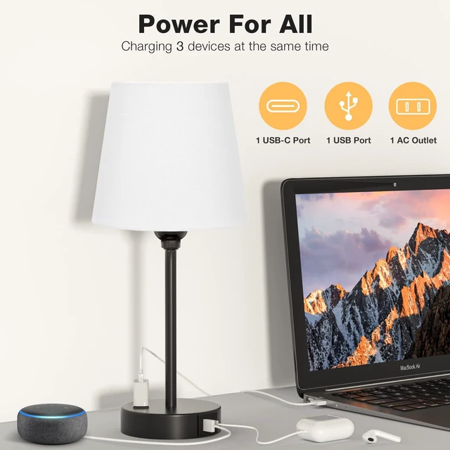 Alt view image 2 of 7 - White Bedside Lamps Set 2 for Bedroom - Dimmable Touch, USB C+A, AC Outlet 14.5" Mini Lamp, 3-Way Dimmable, LED Bulbs Included, White Barrel Fabric Lampshade, Nightstand Light for Guest Room, Kids