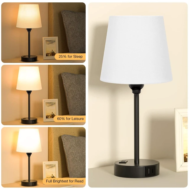 Alt view image 3 of 7 - White Bedside Lamps Set 2 for Bedroom - Dimmable Touch, USB C+A, AC Outlet 14.5" Mini Lamp, 3-Way Dimmable, LED Bulbs Included, White Barrel Fabric Lampshade, Nightstand Light for Guest Room, Kids
