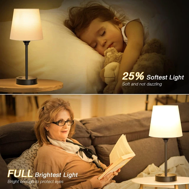 Alt view image 4 of 7 - White Bedside Lamps Set 2 for Bedroom - Dimmable Touch, USB C+A, AC Outlet 14.5" Mini Lamp, 3-Way Dimmable, LED Bulbs Included, White Barrel Fabric Lampshade, Nightstand Light for Guest Room, Kids