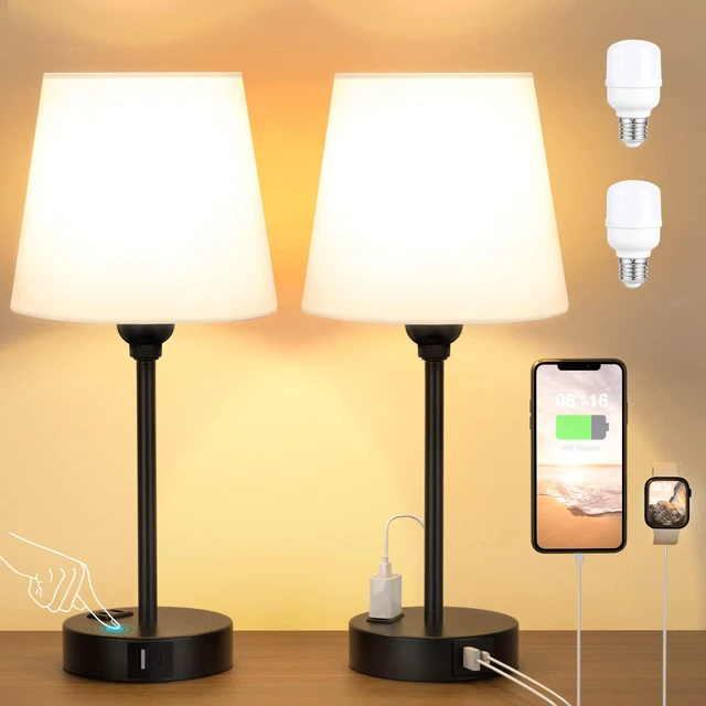 Alt view image 6 of 7 - White Bedside Lamps Set 2 for Bedroom - Dimmable Touch, USB C+A, AC Outlet 14.5" Mini Lamp, 3-Way Dimmable, LED Bulbs Included, White Barrel Fabric Lampshade, Nightstand Light for Guest Room, Kids