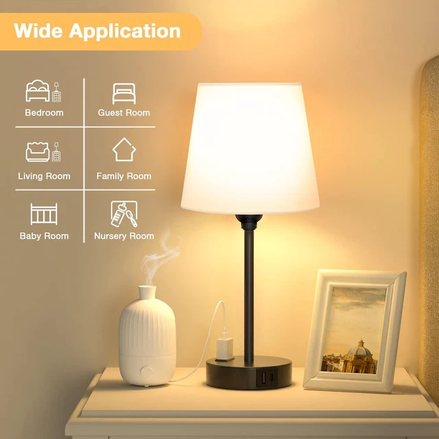Alt view image 5 of 7 - White Bedside Lamps Set 2 for Bedroom - Dimmable Touch, USB C+A, AC Outlet 14.5" Mini Lamp, 3-Way Dimmable, LED Bulbs Included, White Barrel Fabric Lampshade, Nightstand Light for Guest Room, Kids