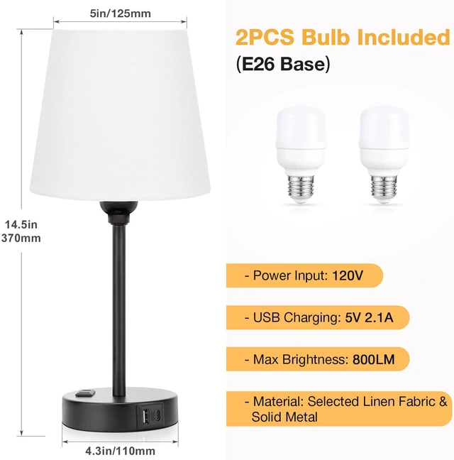 Alt view image 7 of 7 - White Bedside Lamps Set 2 for Bedroom - Dimmable Touch, USB C+A, AC Outlet 14.5" Mini Lamp, 3-Way Dimmable, LED Bulbs Included, White Barrel Fabric Lampshade, Nightstand Light for Guest Room, Kids