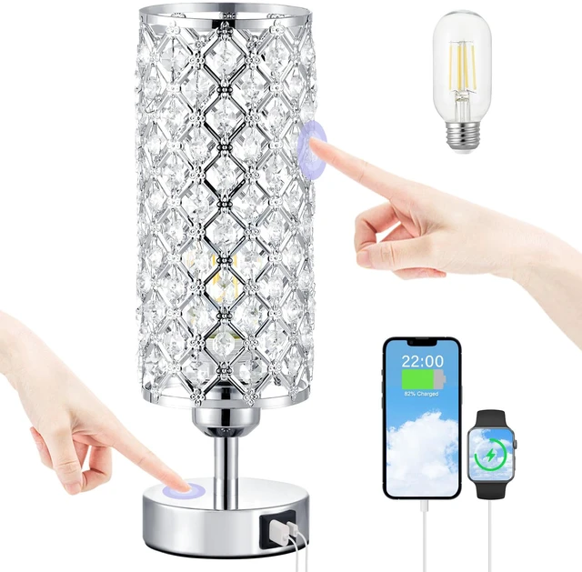 Main image of Sliver Crystal Table Lamp with Touch Control, Bedroom Light for Nightstand USB-C+A Ports, 3 Way Dimmable, Bedside lamp, Decorative Modern Elegant Lampshade, for Girls and Women,Bulb Included