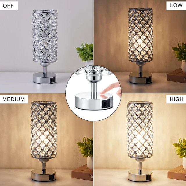 Alt view image 2 of 7 - Sliver Crystal Table Lamp with Touch Control, Bedroom Light for Nightstand USB-C+A Ports, 3 Way Dimmable, Bedside lamp, Decorative Modern Elegant Lampshade, for Girls and Women,Bulb Included