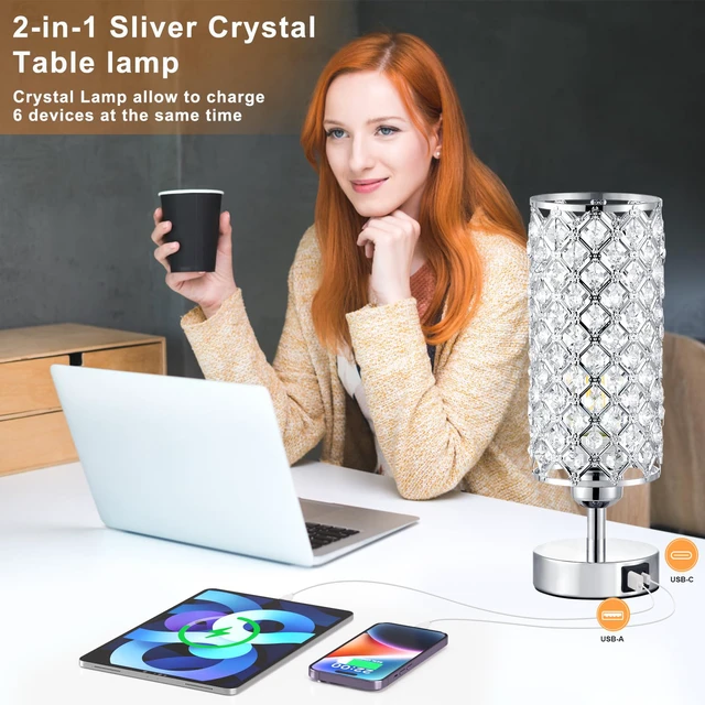 Alt view image 3 of 7 - Sliver Crystal Table Lamp with Touch Control, Bedroom Light for Nightstand USB-C+A Ports, 3 Way Dimmable, Bedside lamp, Decorative Modern Elegant Lampshade, for Girls and Women,Bulb Included