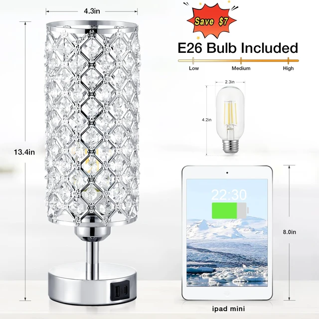 Alt view image 4 of 7 - Sliver Crystal Table Lamp with Touch Control, Bedroom Light for Nightstand USB-C+A Ports, 3 Way Dimmable, Bedside lamp, Decorative Modern Elegant Lampshade, for Girls and Women,Bulb Included