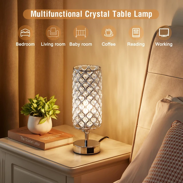 Alt view image 5 of 7 - Sliver Crystal Table Lamp with Touch Control, Bedroom Light for Nightstand USB-C+A Ports, 3 Way Dimmable, Bedside lamp, Decorative Modern Elegant Lampshade, for Girls and Women,Bulb Included
