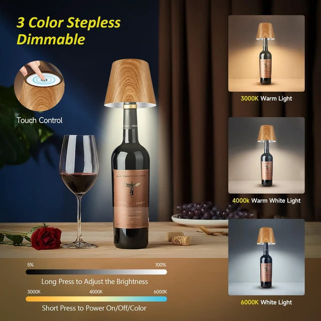 Alt view image 3 of 7 - 2026 New Wireless Bottle Lamp - LED Bottle Lights for Liquor & Wine Bottles Cordless Lampshade, Whiskey Bottle Top Light, Bottle Stopper Night Light Kit, Rechargeable 3-Tone Touch-Dimmable