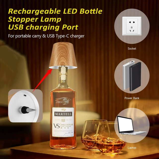 Alt view image 4 of 7 - 2026 New Wireless Bottle Lamp - LED Bottle Lights for Liquor & Wine Bottles Cordless Lampshade, Whiskey Bottle Top Light, Bottle Stopper Night Light Kit, Rechargeable 3-Tone Touch-Dimmable