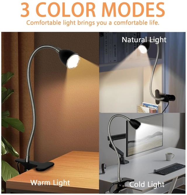 Alt view image 2 of 7 - Desk lamp Eye-Caring Table Lamps, 360°Rotation LED Desk Clip Lamp Reading Light Portable Reading Book Light, Clamp Light, Study Desk Lamps for Bedroom and Office(Black with Dimmer)