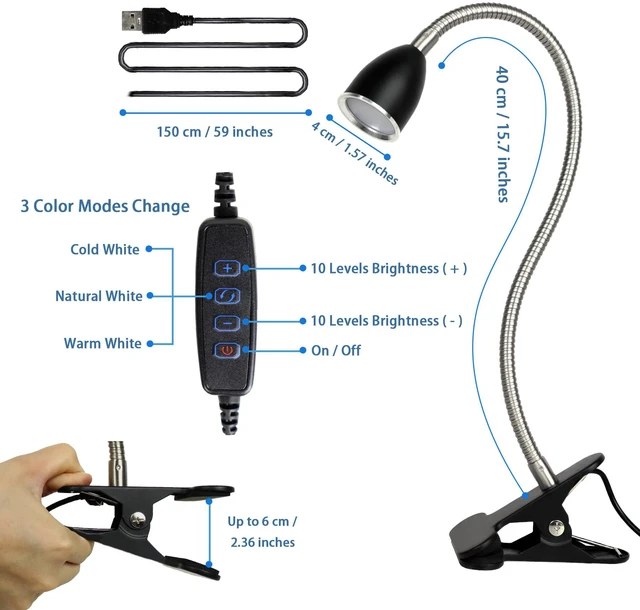 Alt view image 6 of 7 - Desk lamp Eye-Caring Table Lamps, 360°Rotation LED Desk Clip Lamp Reading Light Portable Reading Book Light, Clamp Light, Study Desk Lamps for Bedroom and Office(Black with Dimmer)