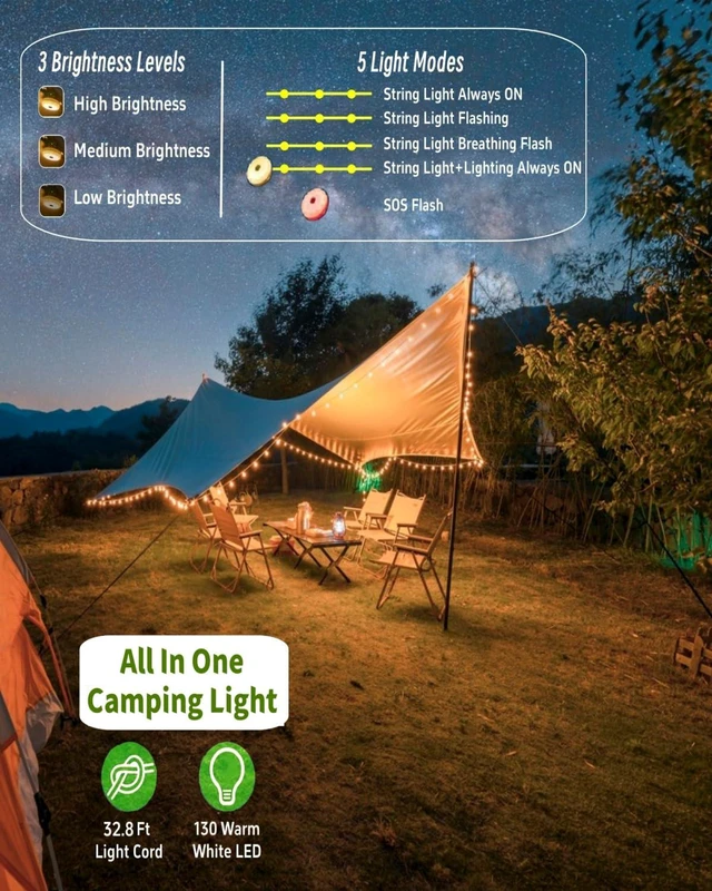 Alt view image 4 of 7 - Solar Camping String Lights, 32.8 FT Fairy String Light, 4 in 1 Portable Waterproof Camp LED Lamp with 8 Lighting Modes, Hanging Rechargeable Tent Lantern for Outdoor Garden Patio Party Essentials