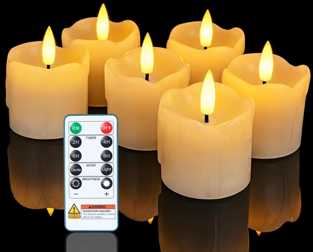 Main image of 2"x2" Real Wax Flameless LED Votive Candles, Timer Remote, 6 Pack Multi Brightness Adjust, 2/4/6/8H Cycle Timer, 400+ Hour Runtime, Pre-Installed CR2450 Batteries, Wedding Holiday Decor