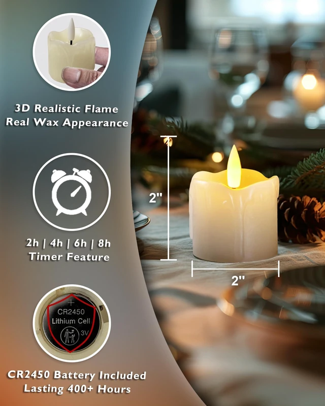 Alt view image 3 of 7 - 2"x2" Real Wax Flameless LED Votive Candles, Timer Remote, 6 Pack Multi Brightness Adjust, 2/4/6/8H Cycle Timer, 400+ Hour Runtime, Pre-Installed CR2450 Batteries, Wedding Holiday Decor
