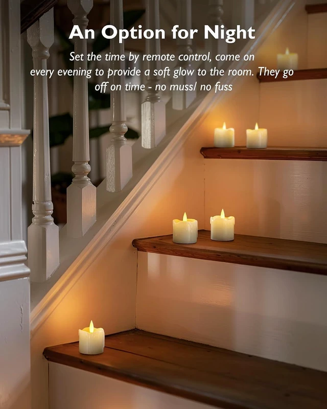 Alt view image 6 of 7 - 2"x2" Real Wax Flameless LED Votive Candles, Timer Remote, 6 Pack Multi Brightness Adjust, 2/4/6/8H Cycle Timer, 400+ Hour Runtime, Pre-Installed CR2450 Batteries, Wedding Holiday Decor