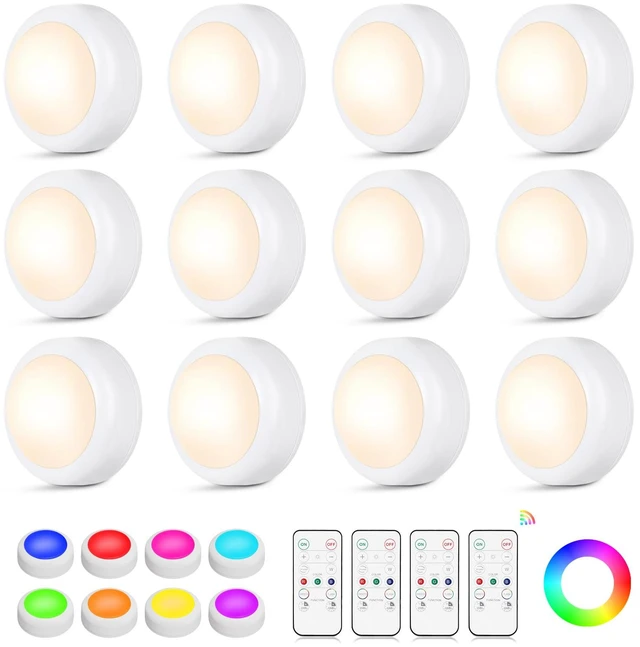 Main image of LED Puck Lights with Remote Control, 16 Color Changing Under Cabinet Lighting with Dimmer & Timer, AAA Battery Operated,Under for Closet Bedroom Kitchen, Stair (12 Pack White)