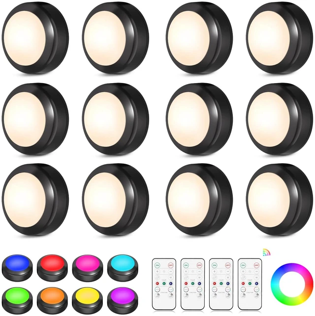 Main image of LED Puck Lights with Remote Control, 16 Color Changing Wireless Under Cabinet Lighting with Dimmer & Timer, AAA Battery Operated,Under for Closet Bedroom Kitchen, Stair (12 Pack Black)