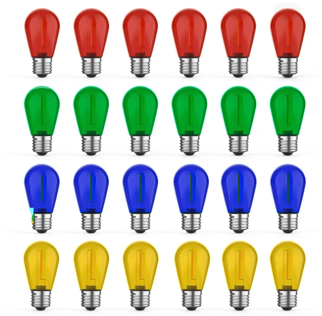 Main image of 24 Pack S14 Colored LED String Light Bulbs, 1W Plastic Shatterproof Replacement Bulbs for Outdoor Patio Backyard Lights, E26 Medium Base, Warm White 2200K, Dimmable, Red/Green/Blue/Orange